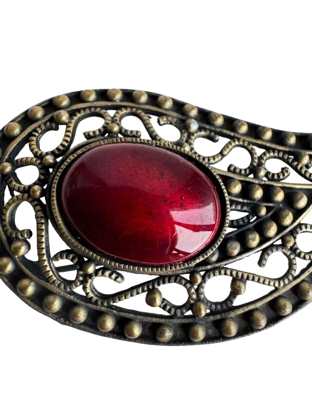 Vintage Japanese Cloisonne Brooch Red Enamel Paisley Brass Tone Filigree Pin